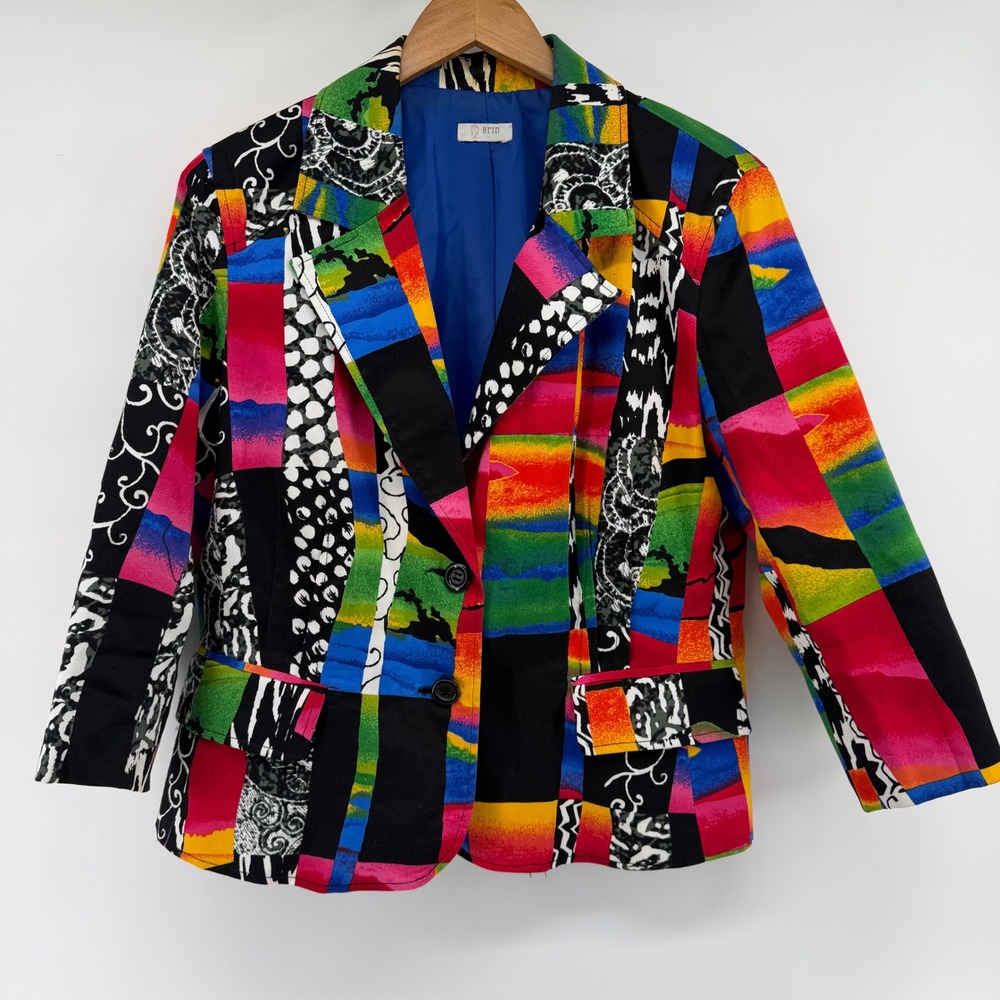 Erin London Womens Multi Color Patchwork Print Blazer Jacket Size L Art To Wear
